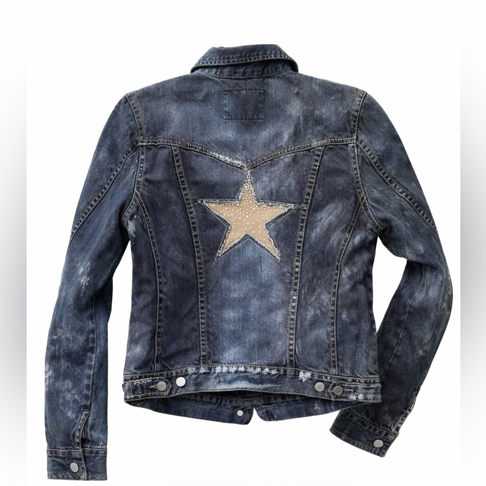 Rhinestone Inlaid Star Patched Upcycled Distressed Blue Black Denim Jean Jacket - Picture 9 of 12